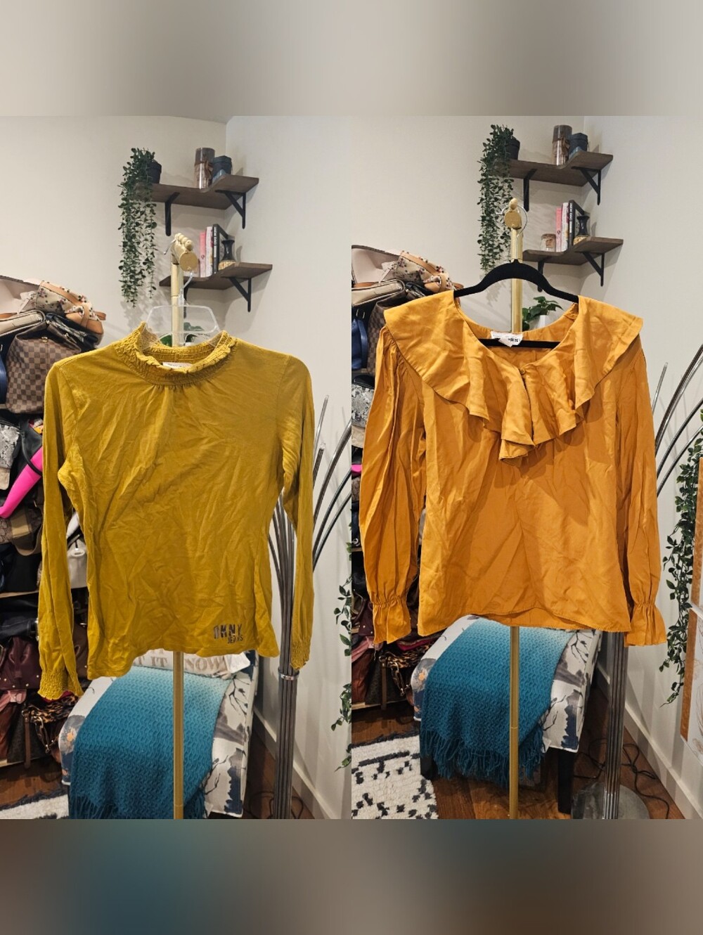 Vintage Women's Long-Sleeve Ruffle Neck Top Set - Mustard